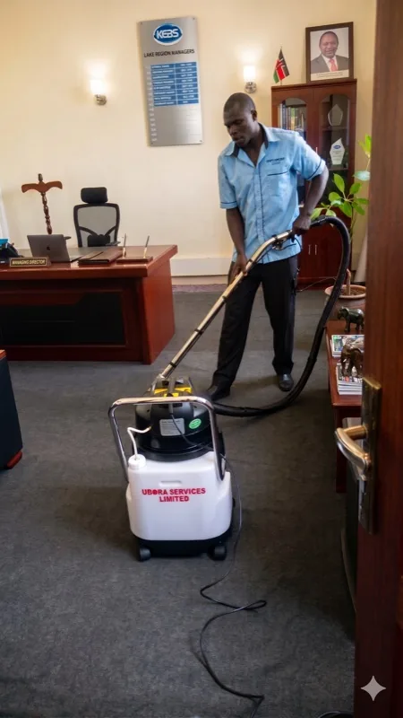 Ubora technician vacuuming an executive office